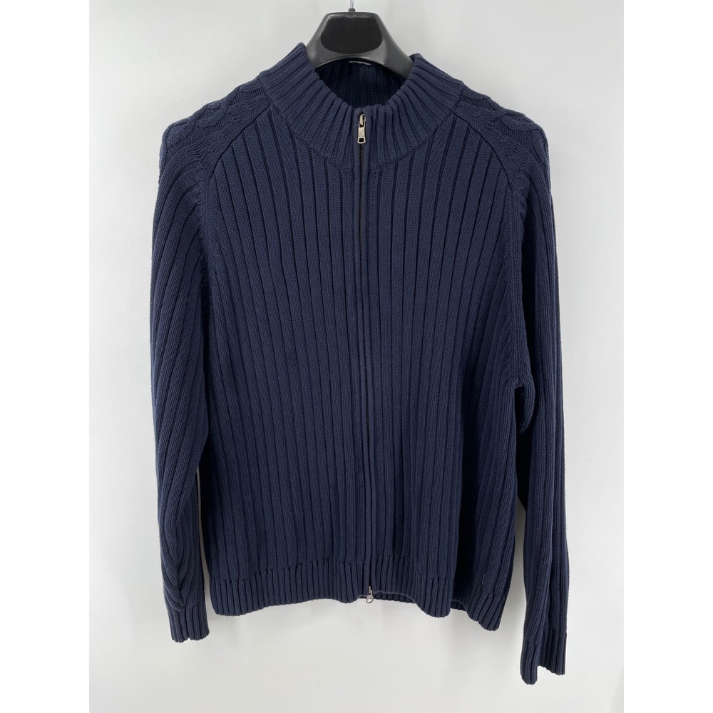 Full Zip Sweater Mens XL Navy Blue Cable Knit Grandpa Preppy Classic 100% Cotton